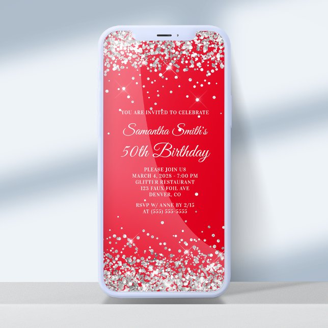 Convite Vermelho e Silver Glitter 50º Aniversário (Criador carregado)