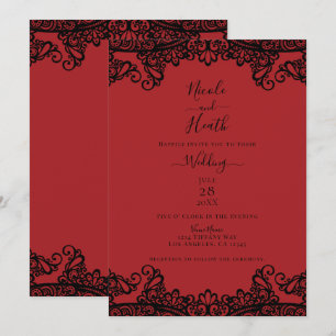 Convite Vermelho Escuro e Renda Preta Casamento Elegante
