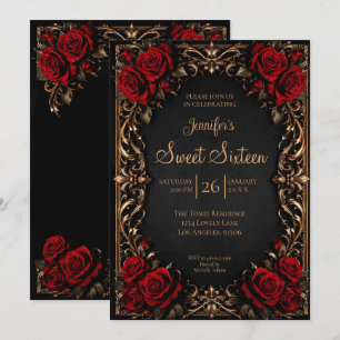 Convite Vermelho Escuro floral Gótico Sweet 16