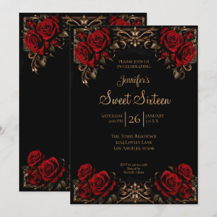 Convite Vermelho Escuro floral gótico Sweet 16