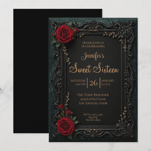 Convite Vermelho Escuro floral gótico Sweet 16