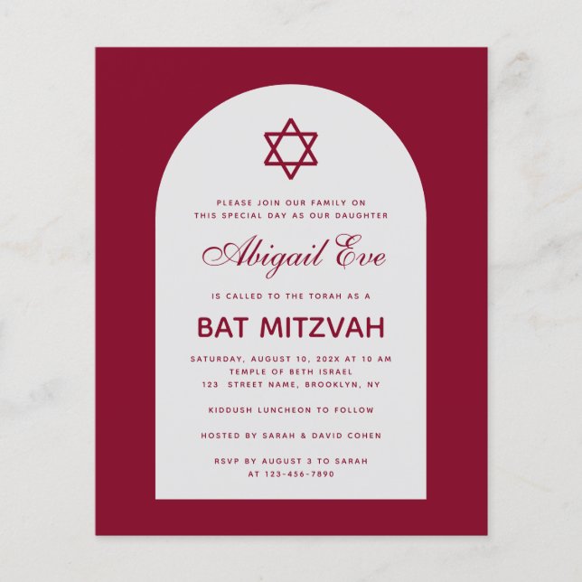 Convite Vermelho Escuro para Bat Mitzvah com Arco  (Frente)