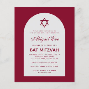 Convite Vermelho Escuro para Bat Mitzvah com Arco 