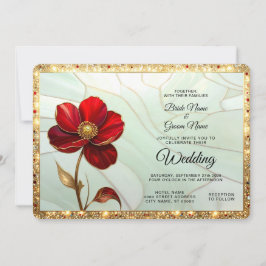 Convite Vermelho Flor de Vidro Pintado com Acentos Dourado