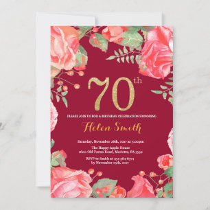 Convite Vermelho Floral 70º Aniversário Brilho Dourado Bur