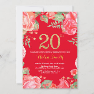 Convite Vermelho Floral Aniversário de 20 anos Brilho Dour