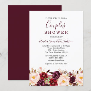 Convite Vermelho Floral Borgonha Casamento Casais Chuveiro