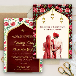 Convite Vermelho Floral Creme Dourado Anand Karaj Casament
