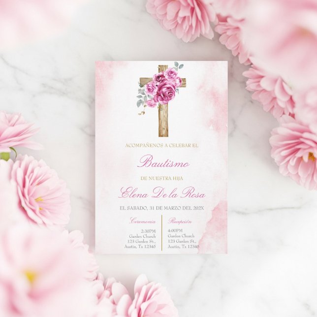 Convite Vermelho floral rosa com batismo da cruz  (Criador carregado)