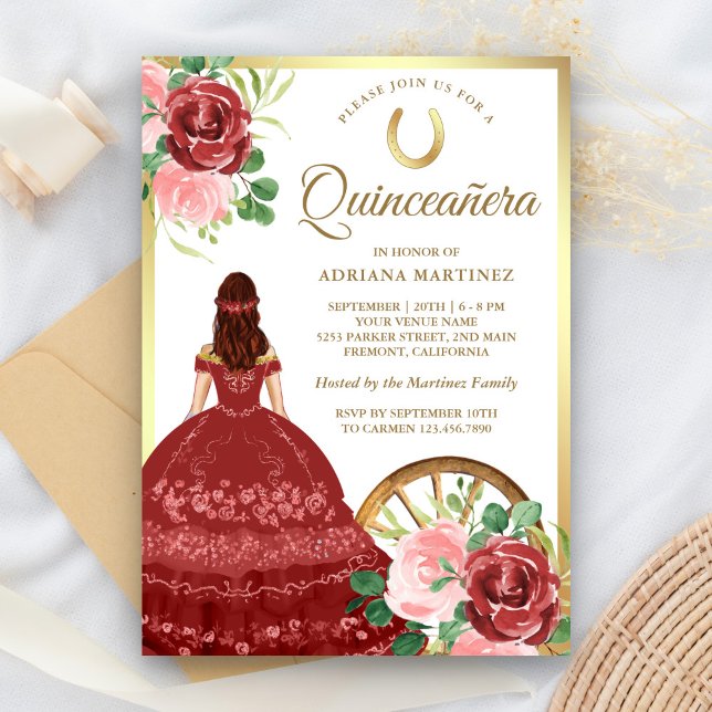 Convite Vermelho Floral Russo Charro Dourado Quinceanera (Criador carregado)