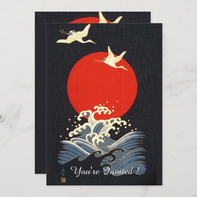 CONVITE VERMELHO, JAPONÊS VOANDO CRANES, ONDAS MARÍTIMAS E (Frente/Verso)