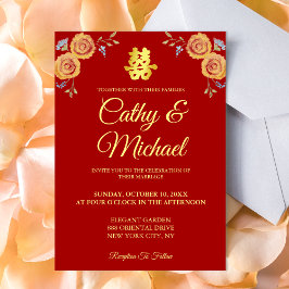 Convite Vermelho laranja floral Chinês dupla felicidade