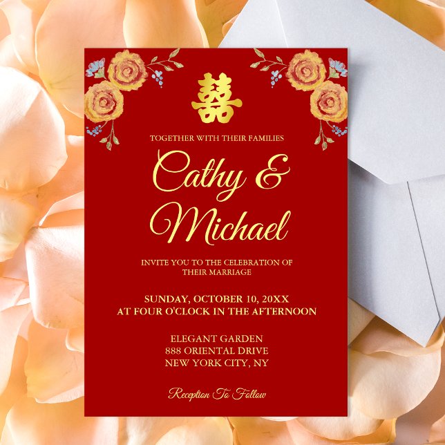 Convite Vermelho laranja floral chinês dupla felicidade ca (Traditional Chinese wedding invitation red invite orange watercolor flowers double happiness)