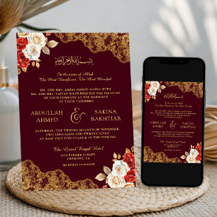 Convite Vermelho Marfim Floral Dourado Renda Borgonha Casa