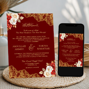 Convite Vermelho Marfim Floral Dourado Renda Marrom Casame