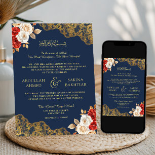 Convite Vermelho Marfim Floral Dourado Renda Naval Casamen