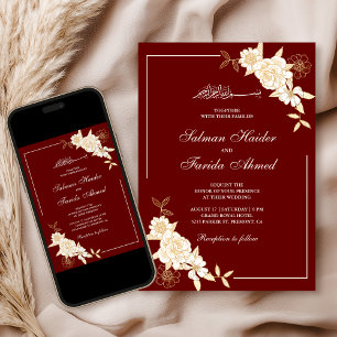 Convite Vermelho Marrom Creme Galho Floral Casamento Muçul