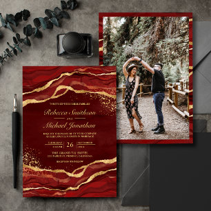 Convite Vermelho Marrom Dourado Tinta Fluida Foto Casament