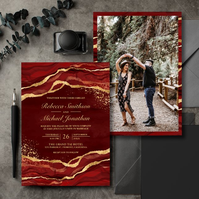 Convite Vermelho Marrom Dourado Tinta Fluida Foto Casament (Criador carregado)