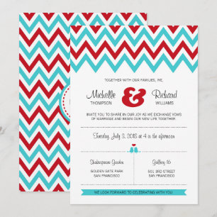 Convite Vermelho moderno e Aqua Chevron & Lovebirds que