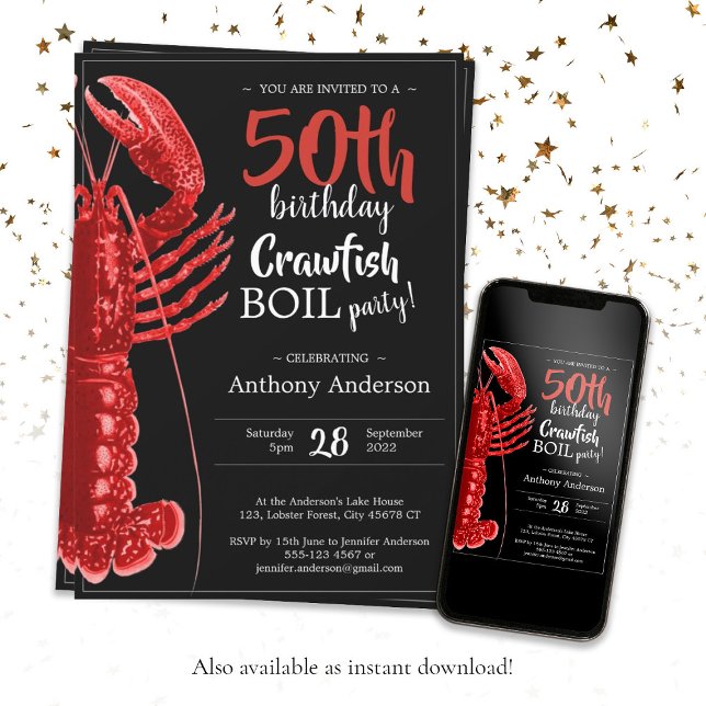 Convite Vermelho Negro divertido 50º Aniversário Crawfish  (Fun 50th Birthday Party Crawfish Boil Black Red Invitation)
