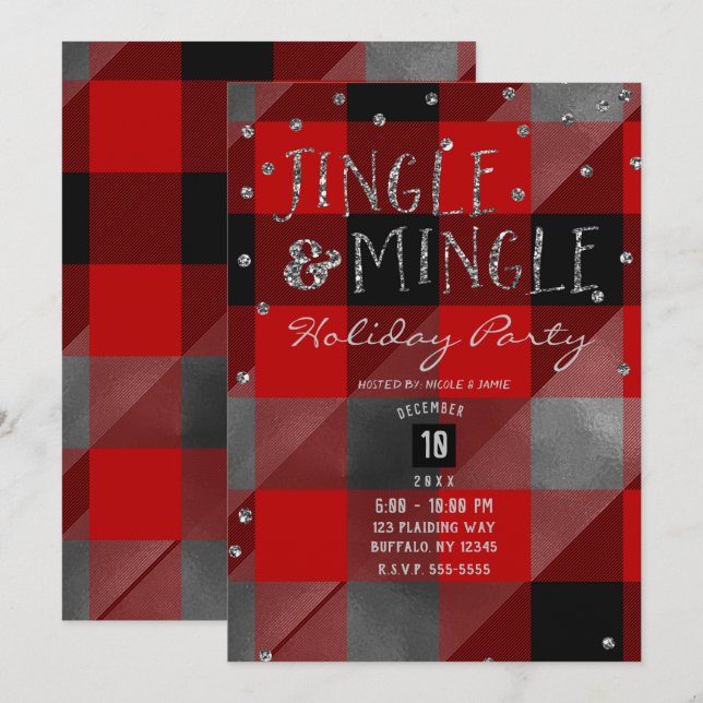 Convite Vermelho Plaid do Búfalo Prateado Jingle & Mingle  (Frente/Verso)