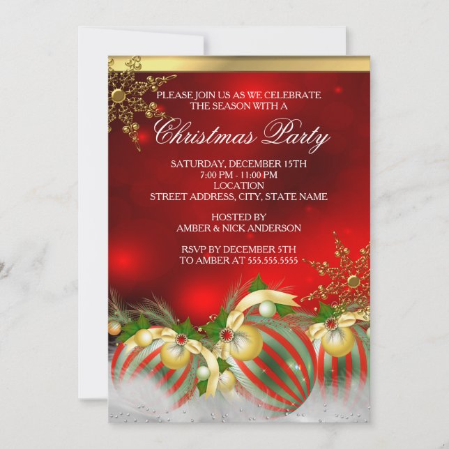Convite Vermelho Prata Dourado Azevinho Bolas de Natal Fes (Frente)
