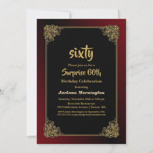 Convite Vermelho Preto com Quadro Dourado Surpresa 60º An