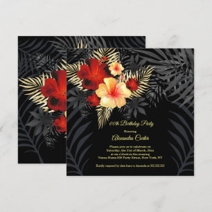 Convite Vermelho Preto Dourado Amarelo Hibisco Floral Aniv