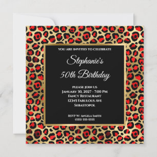 Convite Vermelho Preto e Dourado Glam Leopardo 50º Anivers
