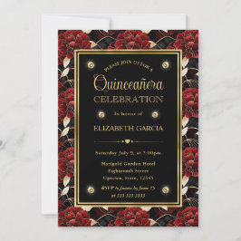 Convite Vermelho Preto e Dourado Mármore Floral Quinceaner