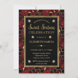 Convite Vermelho Preto e Dourado Mármore Floral Sweet Sixt