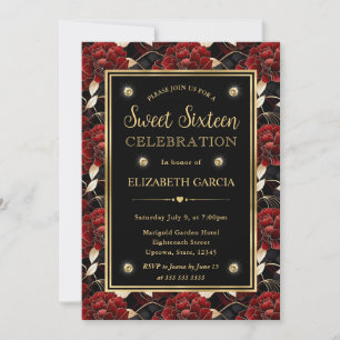 Convite Vermelho Preto e Dourado Mármore Floral Sweet Sixt