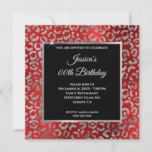Convite Vermelho Preto e Prata Leopardo Foil Aniversário F (Frente)