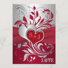 Convite Vermelho, rolos de prata, corações que Wedding o