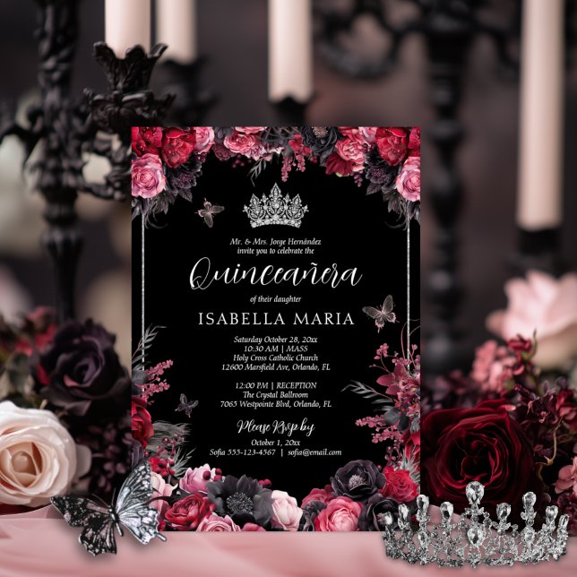 Convite Vermelho-rosa-gótico e Florais Moody-preto Quincea (Gothic quinceañera invitation with tiara and pink, red and black moody florals.)