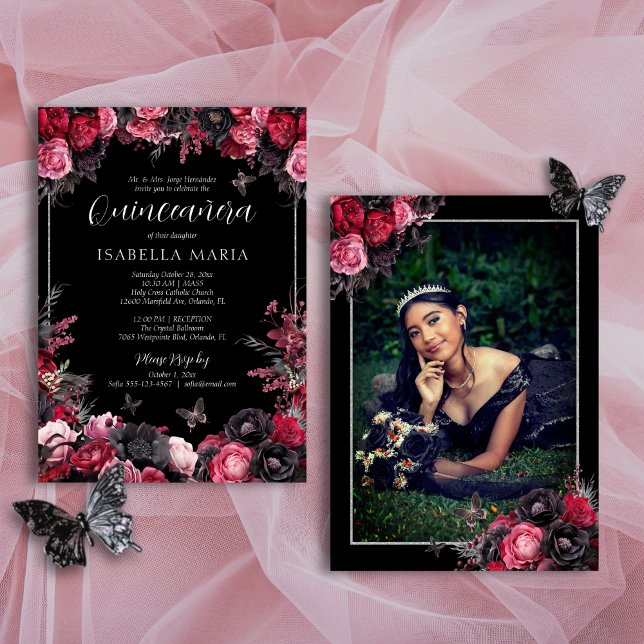 Convite Vermelho-rosa-gótico e Florais Moody-preto Quincea (Gothic quinceañera invitation with butterflies and red, pink and black moody florals.)