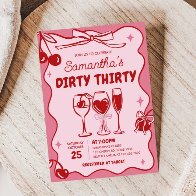 Convite Vermelho Rosa Sujo Trinta Festas de aniversário (Hand Drawn Cherry Dirty Thirty Birthday Party Invitation)
