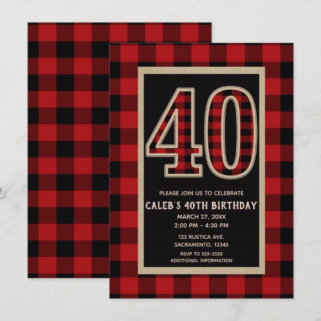 Convite Vermelho Rústico Preto Plaid Búfalo 40º 40 Anivers (Frente/Verso)