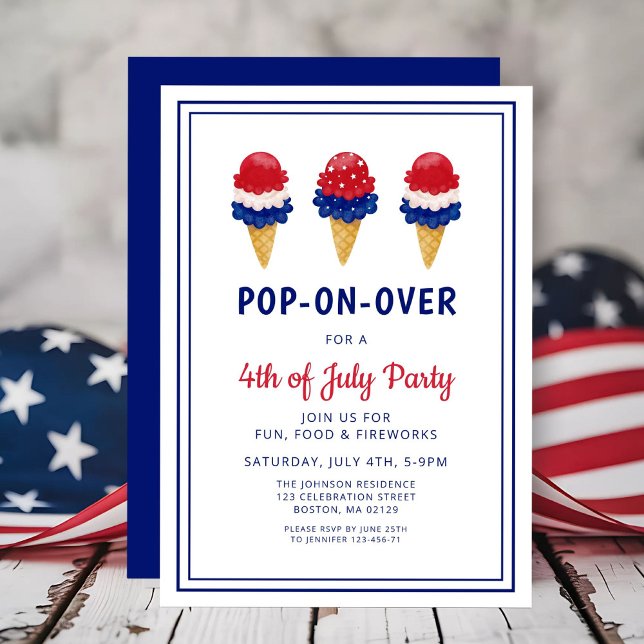 Convite Vermelho Sorvete, Branco e Azul, 4 de julho (Cute Ice Cream Red, White And Blue 4th of July Invitation)