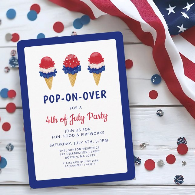 Convite Vermelho Sorvete, Branco e Azul, 4 de julho (Cute Ice Cream Red, White And Blue 4th of July Invitation)