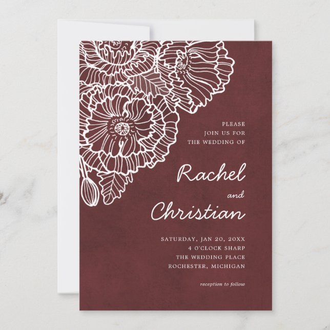 Convite Vermelho veludo com flores brancas de papoila (Frente)