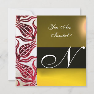 Convite VERMELHO VELVET DAMASK TULIPS MONOGRAM Borgonha Am