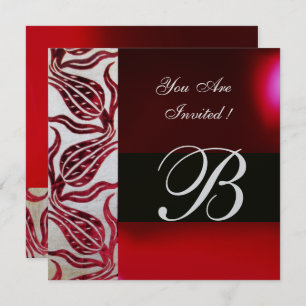 Convite VERMELHO VELVET DAMASK TULIPS MONOGRAM Burgundy Si