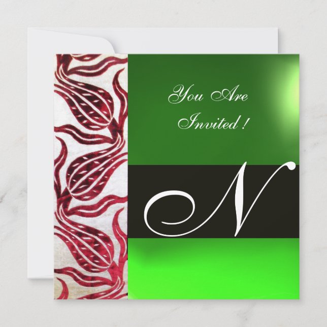 Convite VERMELHO VELVET DAMASK TULIPS MONOGRAM Burgunk Ver (Frente)