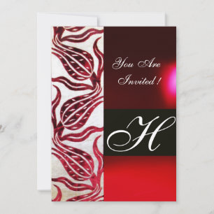 Convite VERMELHO VELVET DAMASK TULIPS MONOGRAMA Borgonha B