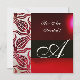 Convite VERMELHO VELVET DAMASK TULIPS MONOGRAMA Burgunha D