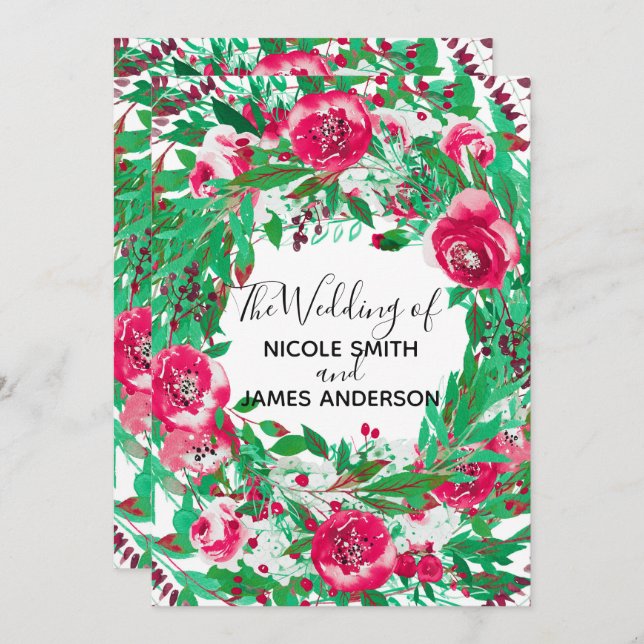 Convite Vermelho Verde Férias Natal Floral Flores Casament (Frente/Verso)
