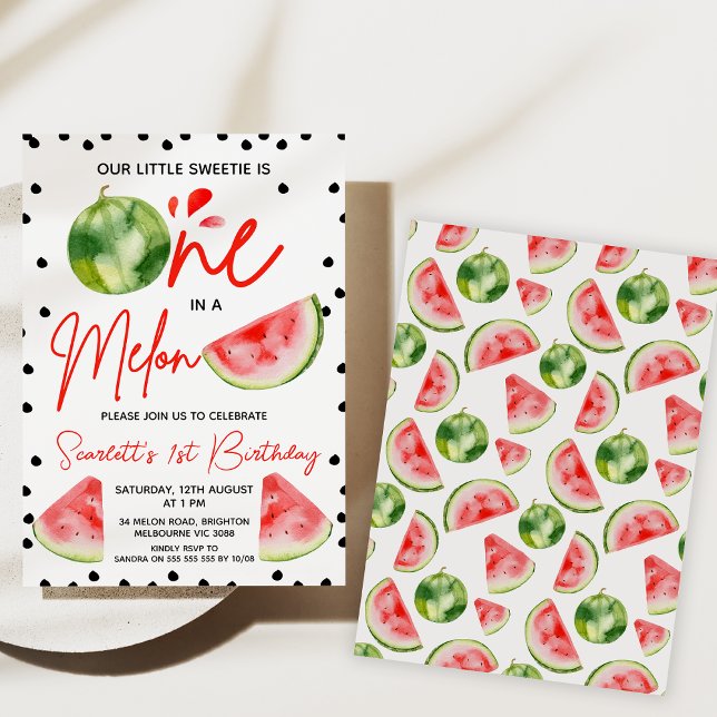 Convite Vermelho Verde Negro Moderno Em Um primeiro aniver (Girls One In A Melon 1st Birthday Invitations, Watermelon invite, Red Melon 1st Birthday Invitations)