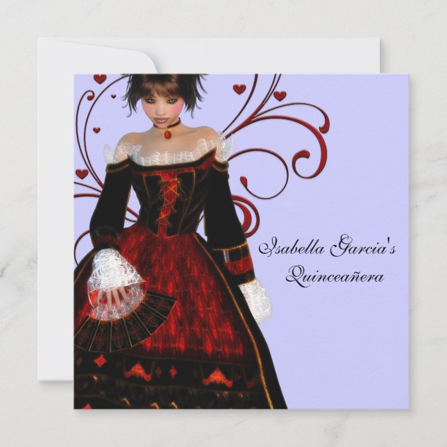 Convite Vermelho Vestido Coração Rodopia Quinceanera (Frente)